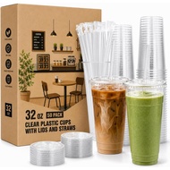 [50 SET] Cawan 32 oz dengan penutup, Cawan plastik dengan penutup dan penyedut minuman, cawan kopi s