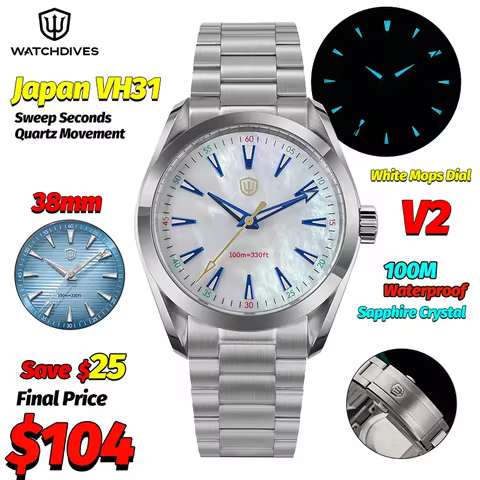 Watchdives WD0006 VH31 Quartz Wristwatches White Mops Dial AR Sapphire Luminous BGW9 100M Waterproof