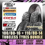 TAYAR MCR,FKR,CONTINENTAL,GRT,MICHELIN,CORSA,DELI,SWALLOW TUBELESS TYRE 100/80-16+110/80-14 FOR MODE