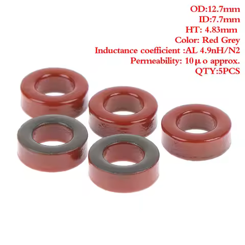 **5pcs T50-2 Carbonyl Iron Powder Cores T50-2 13*7.5*5 Mm 4.9nH/N2 Dust Ferrite Toroid Red Core Magn