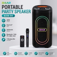 BAAB B206-04 Portable Party Speaker 40W Portable Speaker with Microphone, RGB Light, TWS, USB, TF Ca