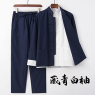 ฤดูใบไม้ผลิ ฤดูใบไม้ร่วง สไตล์จีนบริสุทธิ์ ผ้าฝ้าย ชุดสามชิ้นสําหรับชายหนุ่มเสื้อกังฟูคล้ายกับชุดจีน