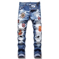 DSQUARED2 Brand Mens Jeans Mens Fashion Slim Elasticity Ripped Denim Pants DSQ Badge Embroidery Hip