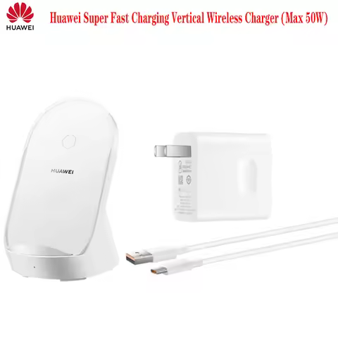 Huawei Super Fast Charging Vertical Wireless Charger (Max 50W) Pearl with Max 66W Wired Charger For 