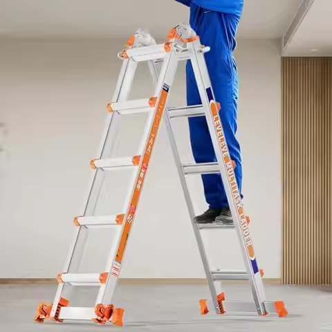17FT Extension Ladder,A Frame 5 Step Ladder with Stabilizer Bar & Wheels,330 lbs Security Load Multi