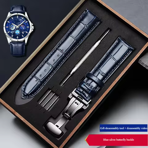 12mm-24mm blue top layer cowhide strap paired with gift box suitable for Seiko Longines Omega