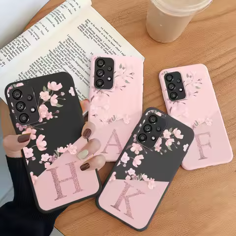 Letters Floral Case For Samsung Galaxy A53 A33 A73 Back Cover Pink Flowers Initial Coque Bumper Soft