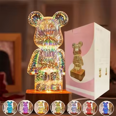 LED Night Light 3D Fireworks Bear Projection Colorful USB Atmosphere Dimming Living Decorative Decor
