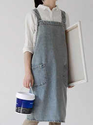 1件日韓款式水洗牛仔布和帆布廣告圍裙,廚房圍裙,適用於工作/燒烤