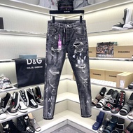 D2 men's jeans, black and gray, with buckles, torn, wrinkled paint flakes, 3D pink label QJ696P selu