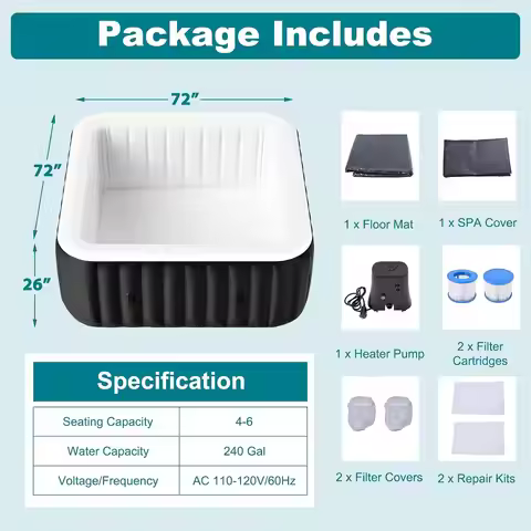 4-6 Person Inflatable Hot Tub 73" X 73" X 25" Square PVC Spa Portable Outdoor Blow up Jacuzzi with 1