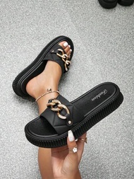 女性金屬鏈裝飾防水台時尚夏天PVC穆勒涼鞋