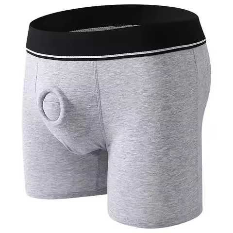 Men's Elastic Underpants Open Pouch Hole Boxer Shorts Cockring Cotton Breathable Underwear Hombre Bo
