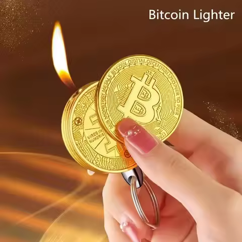 NEWCreative Fun Bitcoin Butane Gas Lighter Stock Commemorative Coin Virtual Coin Pendant Mini Portab
