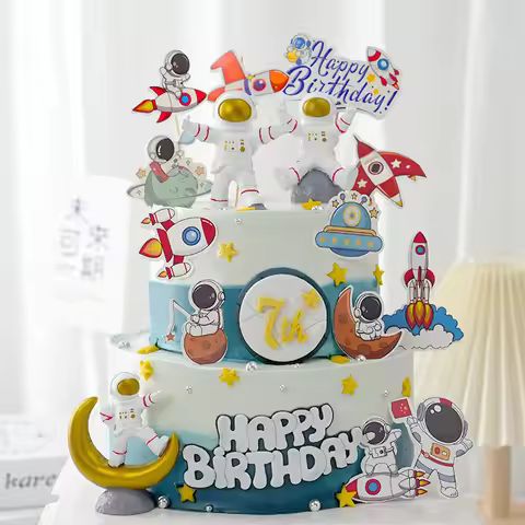Astronaut Cake Topper Happy Birthday Plane Star Rocket Wedding Kids Girl Boy Party Cake DIY Baking C