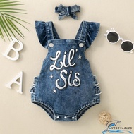 CB-Baby Girl 2Pcs Summer Outfits Fly Sleeve Letter Print Denim Romper with Headband Set Infant Cloth