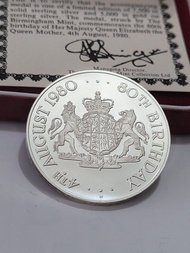 1980年伊莉莎白女王母親80歲生日紀念銀幣，925銀幣 silver， 有盒及證書