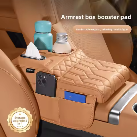 High-Low Style Car Armrest Box Cushion-An Armrest Cover with 2Side Pockets,2Cup Holders and 1 Tissue