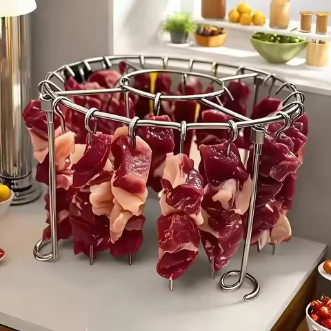 Air Fryer Grill Set: 304 Steel Vertical Grill + 24 Skewers. Grill kabobs evenly indoors/outdoors. Fi