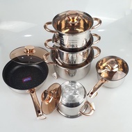 Bộ nồi Đức 5 đáy inox 304 Yimeitai 6 món lắp hợp kim vàng 12 chi tiết - dùng cho mọi loại bếp điện b