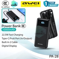 【3C Certified】Awei PA-28 10000mAh Powerbank 22.5W Fast Charging Power Bank Built-In Cable Pawer Bank