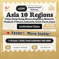 Asia eSIM 5G 1-30 Days Daily1GB-3GB/Total3GB-50GB/Unlimited Data eSIM  Asia Unlimited Data Instant 1