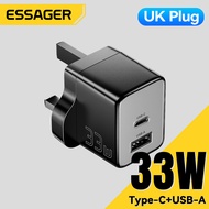 Essager PD 33W GaN USBA Type C ที่ชาร์จที่ชาร์จความเร็วสูง PD QC 3.0 USB Type-C เครื่องชาร์จอย่างรวดเร็วสำหรับ IP 15 14 iPad Xiaomi14 Samsung Huawei Mate 60แล็ปท็อปพกพาได้เดินทางที่ชาร์จชาร์จเร็ว