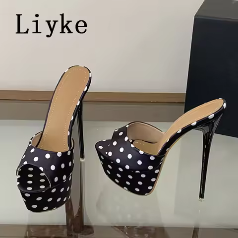 Liyke Summer Fashion Polka Dot Silk Platform High Heels Slippers For Woman Peep Toe Banquet Party Sh