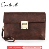 CONTACTS Retro Crazy Horse Leather Mens Handbag with Wrist Strap Password Lock Mens Zipper Pocket Ha