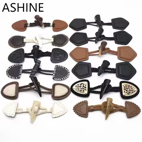 3 Pairs Leather Horn Toggle Button, Duffle Coat Jacket Fasteners Toggle with Leather Patch Trench Co