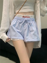 75691 White Striped Shorts Lace-Up Casual Pants