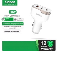 Dosen Car Charger 60W Fast Charging 3 Ports 1 USB 2 Type-C QC3.0 Compact Aluminum Shell 12-24V Safe 