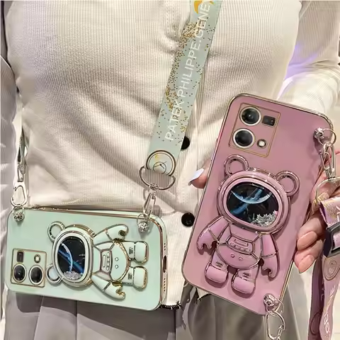 Quicksand Astronaut Holder Lanyard Phone Case For Oppo Reno 7 8 9 Pro Plus 8T 4G 5G 5F 2Z 2F 7SE 5 L