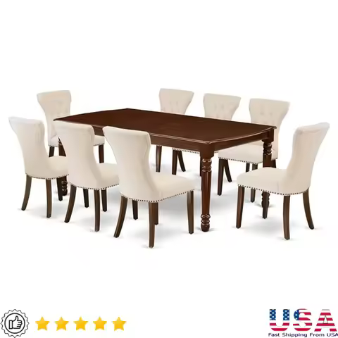 Elegant 9-Piece Dining Set with Mahogany Table and Beige Linen Fabric Chairs