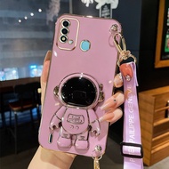 Long Wrist Strap Lanyard Phone Case for Motorola Moto E6S 2020 E61 E7 Plus E7 Power Moto G9 Plus G9 Power G9 Play E20 Luxury Electroplated Astronaut Bracket Shockproof Cover