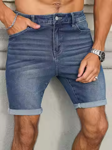 Men's slim-fit blue denim shorts with cuffed hem, blending casual and trendy styles into a versatile