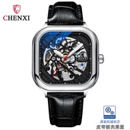 Chenxi นาฬิกาสำหรับผู้ชายกลไกกลวงอัตโนมัติทรงสี่เหลี่ยม CX-8810b ส่องสว่างใหม่