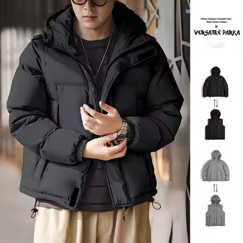 Maden Men's Winter Detachable Sleeves Down Jacket Outdoor Functional Hooded Vest Jacket Warm Thicken