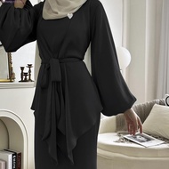Ramadan Dubai Fashion Abaya 2-piece set maxi dress Islam Arab plain color Jubah Party robe Women Wea