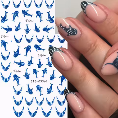 2 pcs 3D Whale Shark Nail Stickers Fashionable Ocean Shark French Line Adhesive Nail Charms Summer S