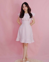 Đầm nữ caro hồng công sở thanh lịch thiết kế xinh dễ thương dáng xòe tay ngắn bánh bèo thời trang đi
