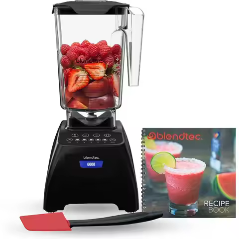 Blendtec Classic 575 Blender, 90 oz WildSide+ Jar, Spoonula Spatula, and Recipe Book Bundle - Black