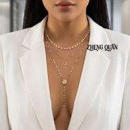 Boho Multilayer Crystal Letter Necklace Gold Chain Pearl Choker Y-Shape Cross Pendant Necklaces Badd