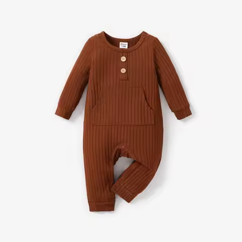 PatPat Baby Boy/Girl Solid Ribbed Long-sleeve Jumpsuit with Pocket Soft and Comfortable Perfect for 