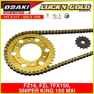 ◭ ∆ ✆ FZ16, FZi, Sniper 150 MXi, Sniper 155 Osaki Lucky Gold Chain & Sprocket Set [Made Thailand]