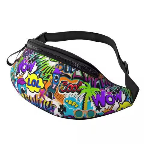 Custom Comics Pattern With Palm Tree Graffiti Art Fanny Pack for Men Women Crossbody Waist Bag Cycli