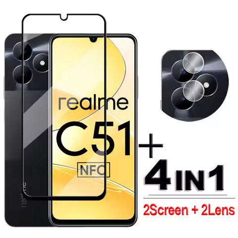 4in1 For Realme C51 Glass For Realme C51 C53 C55 C30 C31 C35 Tempered Glass 2.5D Full Cover Screen P