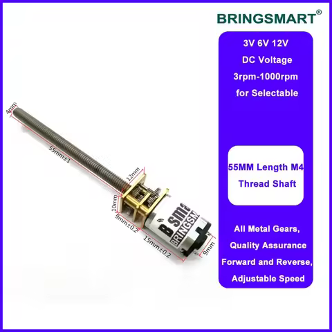 Bringsmart M4 55mm Threaded Shaft DC Gear Motor 3V 6V 12V 15/30/50/60/100/200/300/500/1000rpm Mini E