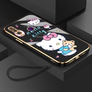Casing Huawei Y6P 2020 Y6 Pro Y7 Prime 2019 Y7 Pro Y9 Prime 2019 Y7A Y8P Y9S Luxury Plating Hello Kitty Square Edge Ultra-thin Phone Case Shockproof Cover +Liquid Lanyard