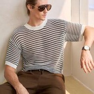 Men's Striped Crew Neck Casual Versatile Commuting Knit Short Sleeve Top,Summer Holiday Greece Vacat